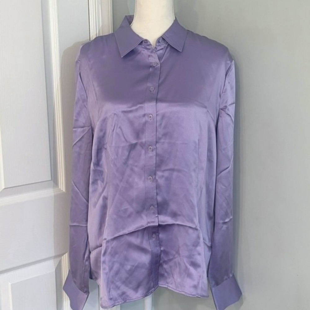 Talbots Womens Satin Button Down Blouse Purple Long Sleeve 100% Silk Size 16 NEW